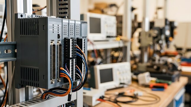 closeup of programmable industrial plc controller with premium housing for industrial automation and control systems