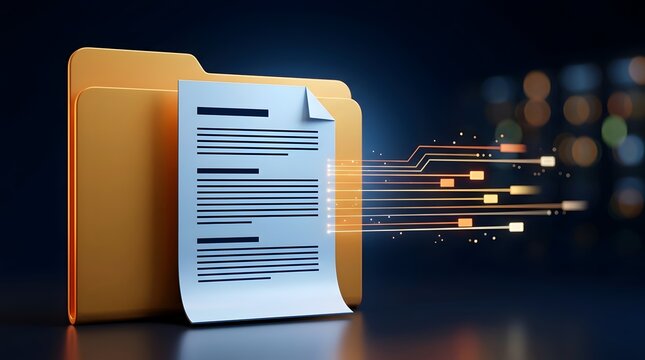 Electronic File Transfer and Data Migration Concept Showing Digital Document Flowing into a Yellow Folder