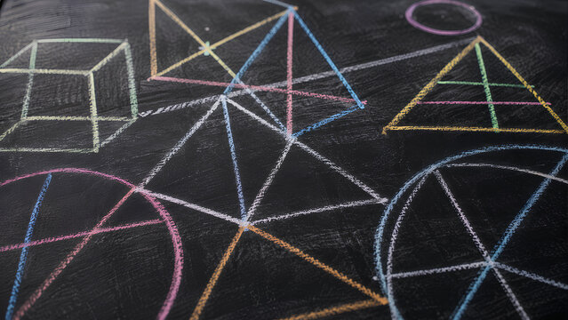 Colorful Geometric Shapes Drawn on a Chalkboard