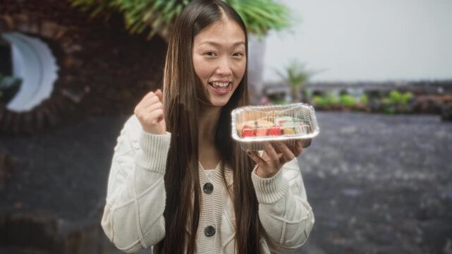 Woman smiling with long hair holding clear plastic sushi container and fist pump with other hand on a street; joy snack craving.