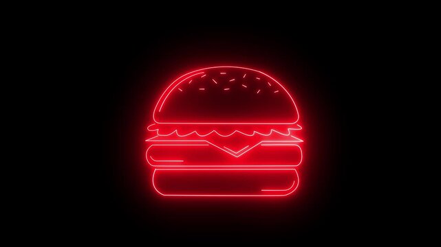Moving flashing hamburger neon icon cartoon on black background 4k animation.
