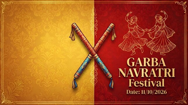 Traditional indian garba sticks with decorative folk dance illustration on luxury textured background for navratri