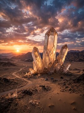 Giant translucent quartz crystals rise majestically from a desolate desert landscape during a stunning golden sunset with dramatic clouds