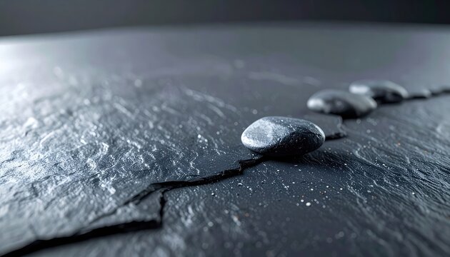 Smooth dark stones rest on a textured slate surface with water droplets.