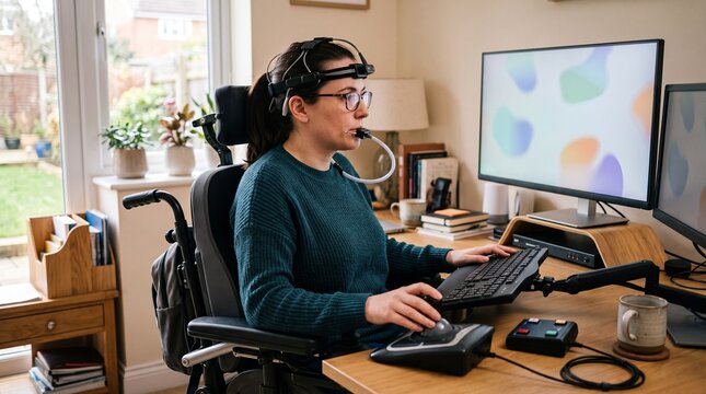 Woman in wheelchair using assistive technology for computer access at home office
