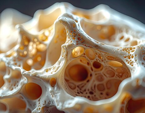 Macro view of porous bone tissue with intricate cellular structure.