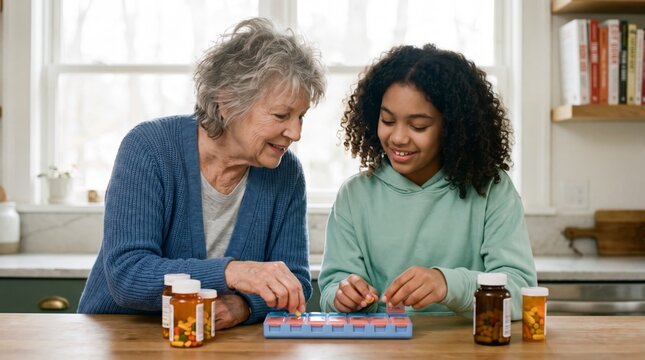 Grandmother and teenage granddaughter filling weekly pill organizer in home kitchen