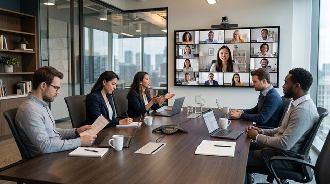 Diverse business team in a modern office participating in a video conference meeting with remote colleagues