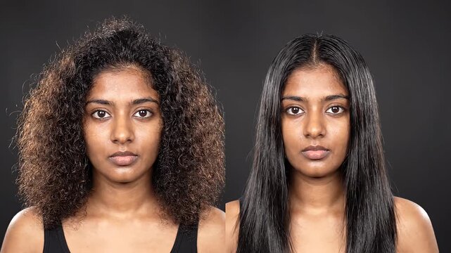 Hair transformation comparison showing frizzy and straight hair results.