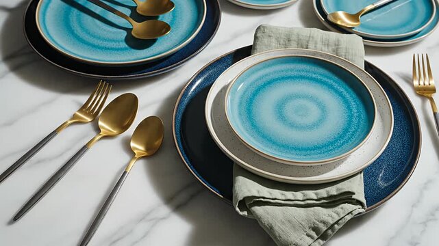 Table setting with blue ceramic plates and gold cutlery