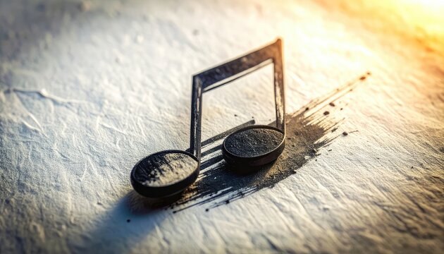 A musical eighth note crafted from dark particles sits on a textured surface.