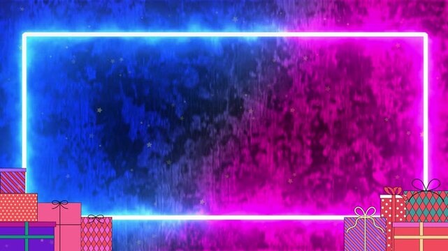 Neon frame background with christmas gift boxes for festive holiday celebration digital graphic design with textured background stacked displays repeating pattern rectangular frames