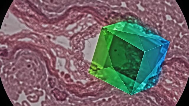 Teal geometric crystal embedded in pink organic tissue.