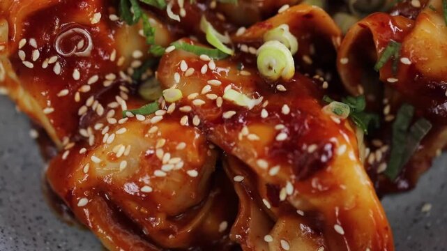 Close-up shot of spicy dower wontons seasoned with a savory, sweet, and hot sauce. The dish is garnished with sesame seeds, green onions, and crispy crackers for a flavorful presentation. 