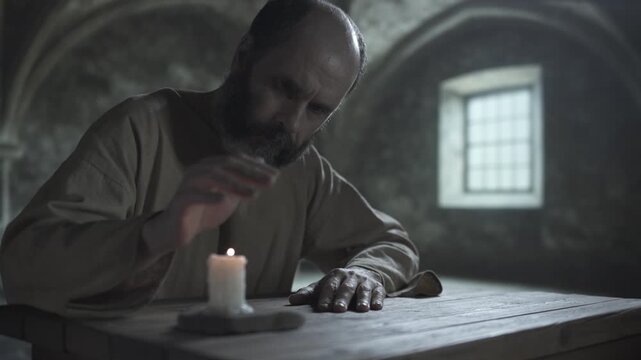 Bearded medieval man looking at a burning candle, warming his hand over a candle flame while sitting at a rustic wooden table, inside a chilly dungeon cell