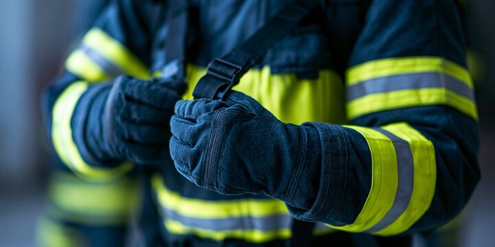 Firefighter adjusting safety gear close-up