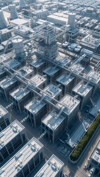 Massive modular AI data center campus with endless rows of server facilities, representing hyperscale cloud computing, artificial intelligence infrastructure, and enterprise digital technology.