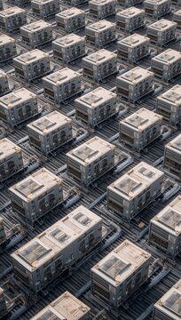 Massive modular AI data center campus with endless rows of server facilities, representing hyperscale cloud computing, artificial intelligence infrastructure, and enterprise digital technology.