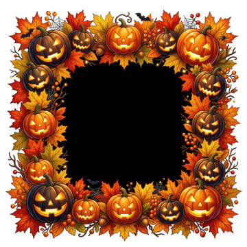 Halloween pumpkin border frame with glowing jack o lanterns and autumn leaves