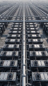Massive air cooled data center infrastructure with endless rows of cooling units, representing AI cloud computing, hyperscale facilities, high performance computing.