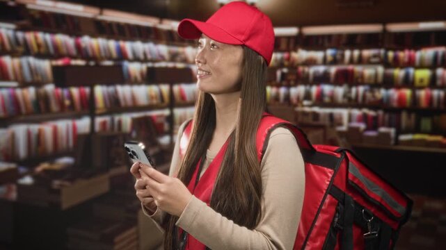 Woman holding smartphone wearing red delivery backpack inside a building bookstore; city duty service.