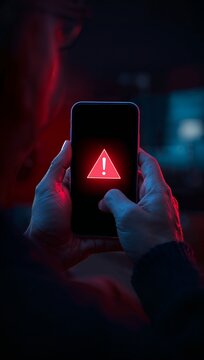 Smartphone displaying a cybersecurity warning symbol in a dark environment, representing mobile security, phishing attacks, online fraud, and digital privacy protection.