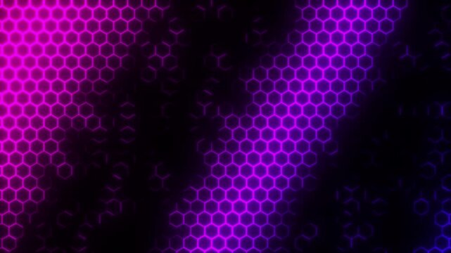 Glowing purple and magenta neon illuminated basalt stone hexagon grid pattern with dynamic light pulses abstract backdrop 4k video