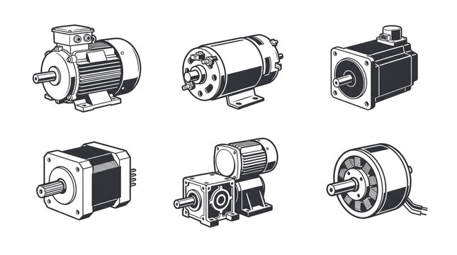 Industrial electric motors collection in various designs. Mechanical engineering components for machinery and automation systems.
