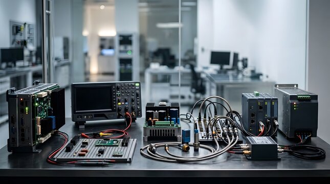 modern electronic test bench with blank display instruments and pcb prototype for hardware development diagnostics and industrial product validation