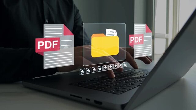 Secure document management system with encrypted data storage, protected digital files and cybersecurity technology for enterprise information security.	
