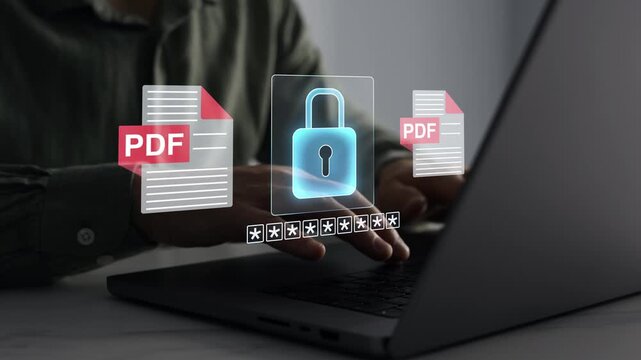 Secure PDF document management system with encrypted data storage, protected digital files and cybersecurity technology for enterprise information security.	

