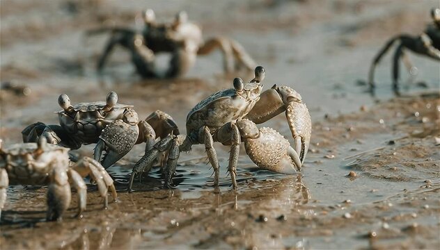 Close up wild crustaceans found in its natural habitat, fiddler crabs foraging and sipping minerals on the muddy tidal flat, Northern Australia.
