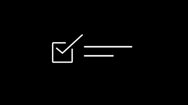A thin white line forms a square with a checkmark inside and a dash to the right, presented on a solid black background with ample negative space