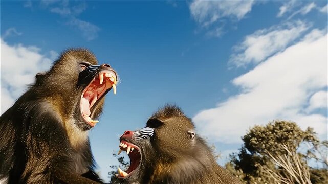 Aggressive Alpha Male Mandrill (Mandrillus sphinx) fighting with other mandrill in the forest, African savannah, Botswana.
