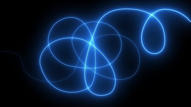 Abstract Blue Neon Light Trails on Black Background.