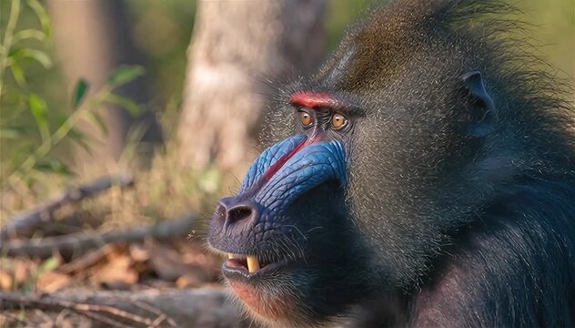 Close up of Alpha Male Mandrill (Mandrillus sphinx) in the forest, African savannah, Botswana.

