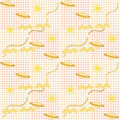 Celestial Saturn and Sun Seamless Pattern on Peach Plaid Background, Cute Space Doodle Design © Eva