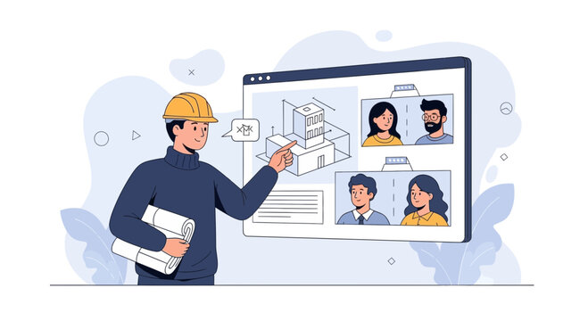 Architect presents building design and virtual meeting with clients or team via screen
