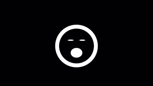 Minimalist yawning emoji animation, white line art tired face on black background, simple motion graphic of sleepy character expression
