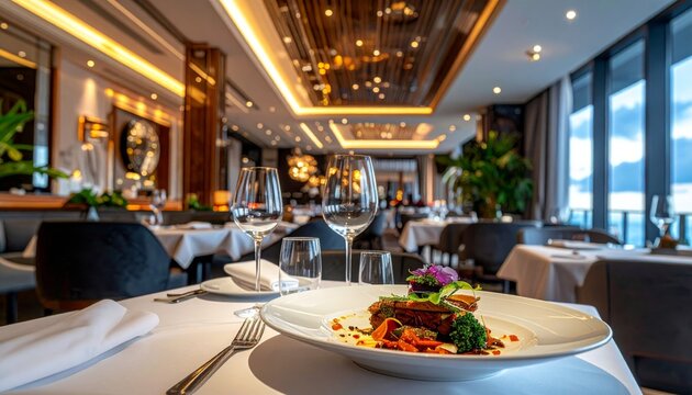 Elegant Dinner Table Setting with Plates, Glassware and Decorative Arrangement for Restaurant Banquet, Wedding Celebration, Catering Event and Gourmet Meal Service