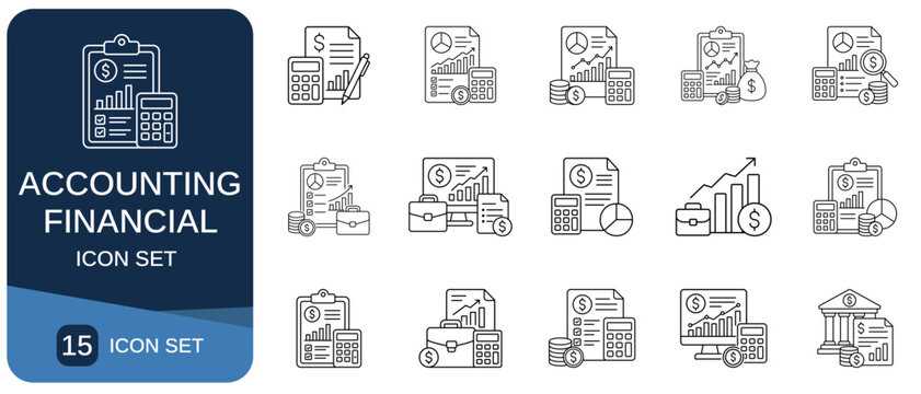 Accounting and financial line icons set depicting charts calculators and documents finance icon art outline