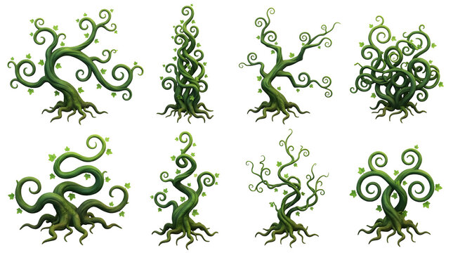 3D stylized fantasy vine trees with twisted spiraling branches and green leaves isolated on black background