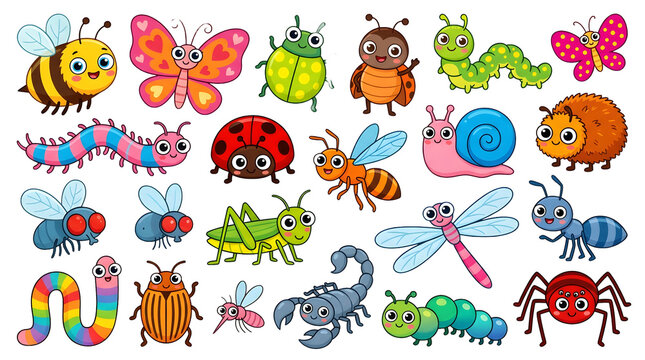 Cute kawaii cartoon insects set with happy bee, butterfly, caterpillar, snail, ant, and spider isolated on black