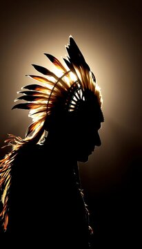 Silhouetted figure in traditional headdress, feathers, and fringe, Heritage, Airbrush