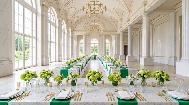 Luxurious ballroom featuring white marble tables and green decor for high-end wedding receptions, formal banquets, or gala events.