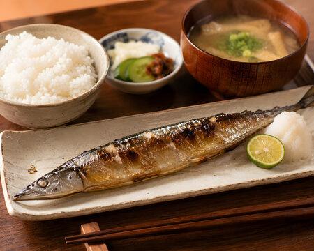 Grilled Sanma Pacific Saury Set Meal, Japanese Cuisine