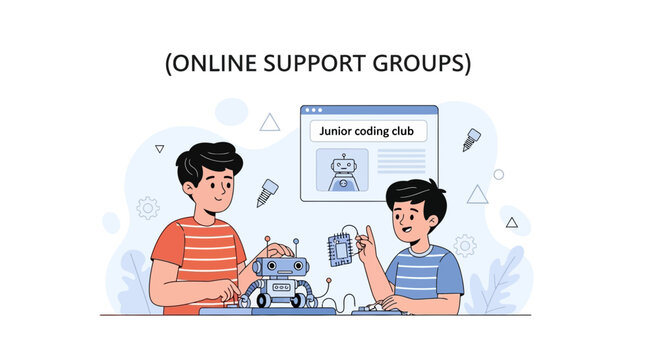 Children learning to code and build robots in online junior coding club, vector illustration