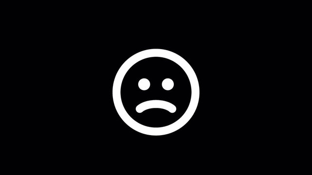 Sad face emoji animation on black background, white line art unhappy emoticon, minimalist frowning face icon for negative feedback and depression