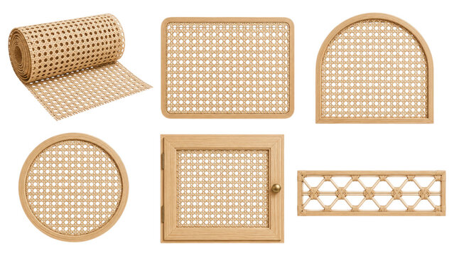 Six natural cane webbing and rattan panels and a roll in various round, square, rectangular and arched shapes for furniture, cabinet and craft restoration or decorative inserts