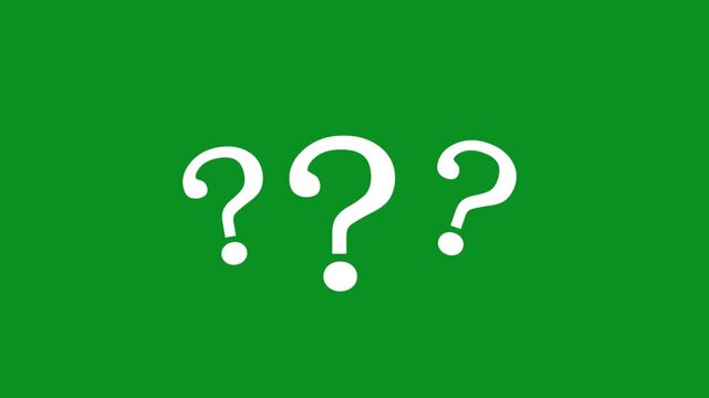 Three white question marks are arranged in a row against a vibrant solid green background, visually representing confusion, inquiry, or a series of unanswered questions